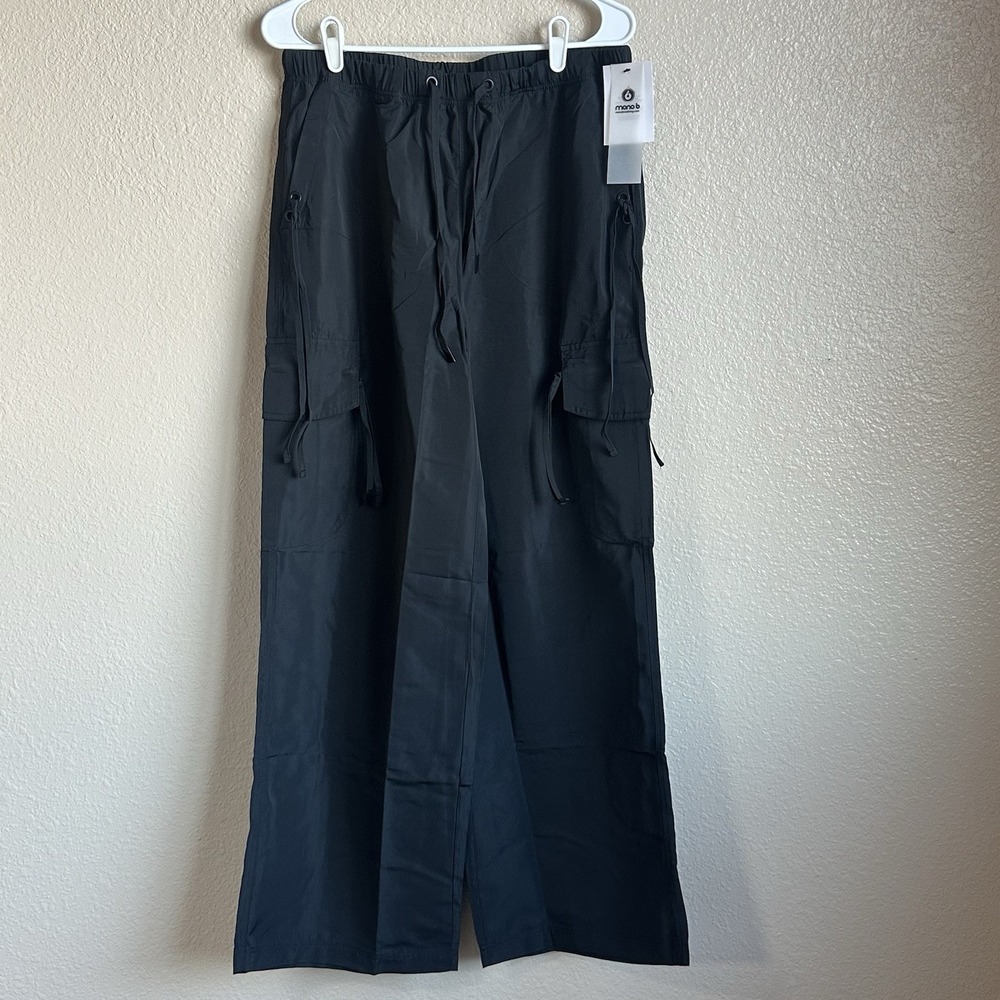 Mono b Black Elastic Waist Cargo‎ Pants Women Large Wide Leg 100% Polyester NWT